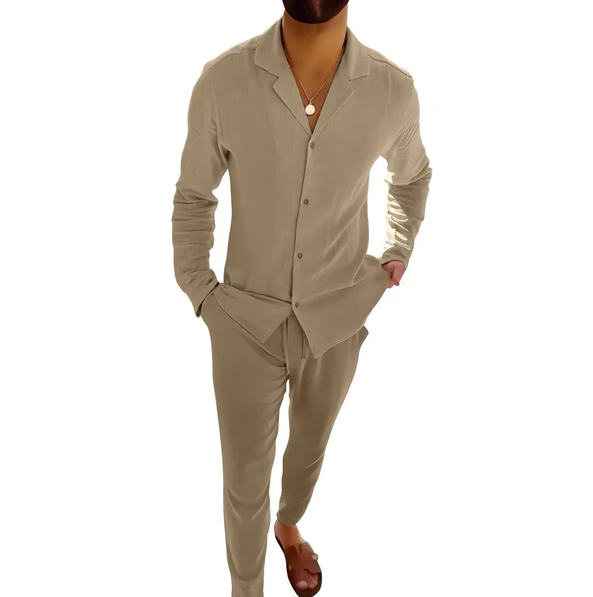 Mens Fashion Casual Long-sleeved Suits Fashion Lapel Single-breasted Shirt Top And Slim-fit Trousers Men Clothing