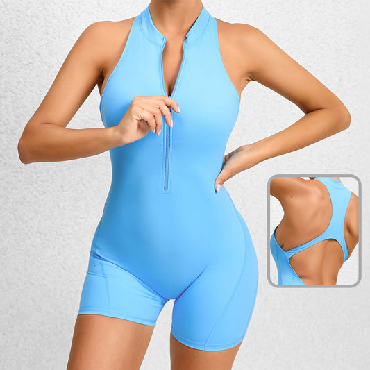 Womens Zippered Yoga Fitness Shorts Jumpsuit Sleeveless Tummy Control Stretch Shapewear Butt Lifting Sportswear Women