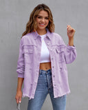 Distressed denim shirt oversized jacket frayed hem ripped shacket neon colours