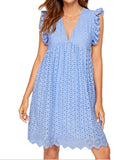 ladies Lace Dresses With Pocket Summer Sleeveless Jacquard Cutout V-Neck Beach Dress