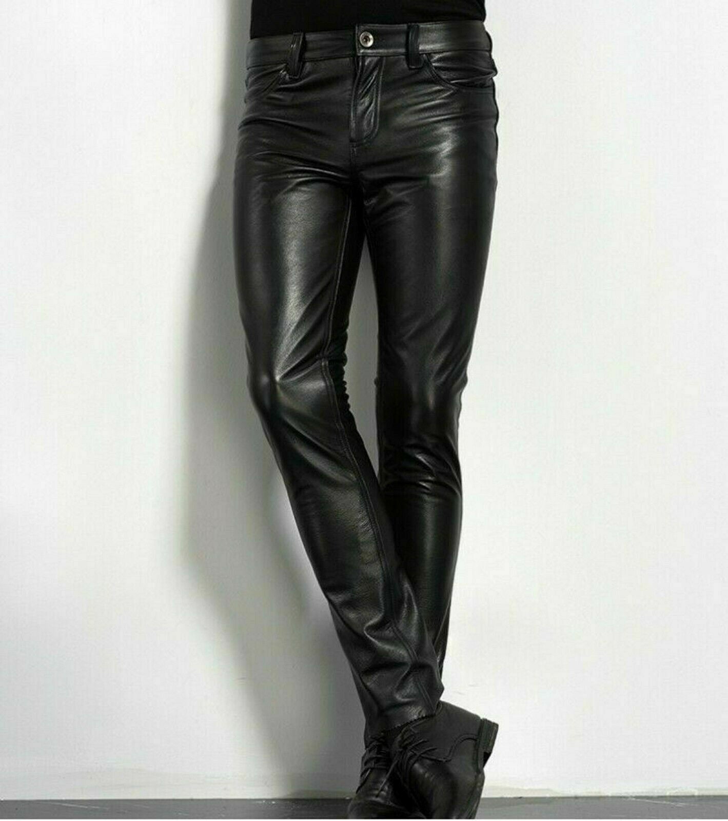 Mens Slim Fit Stretch Fashion Casual Faux Leather Pants