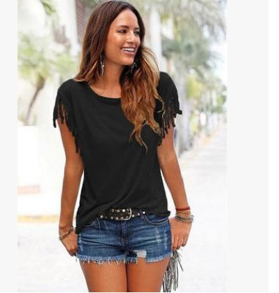 Ladies Europe and America big size round neck short sleeve cuffs tassel T-shirt cotton tops