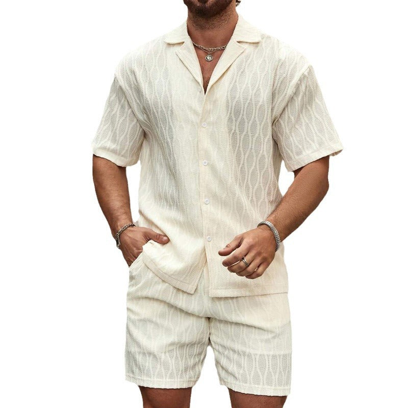 Men Summer Fashion Solid Loose Casual Two Pieces Lapel Button Shirt Shorts Beach Holiday
