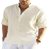 Men's Casual Baggy Cotton Linen Solid Long Sleeve Pocket Stand Collar Shirts Top