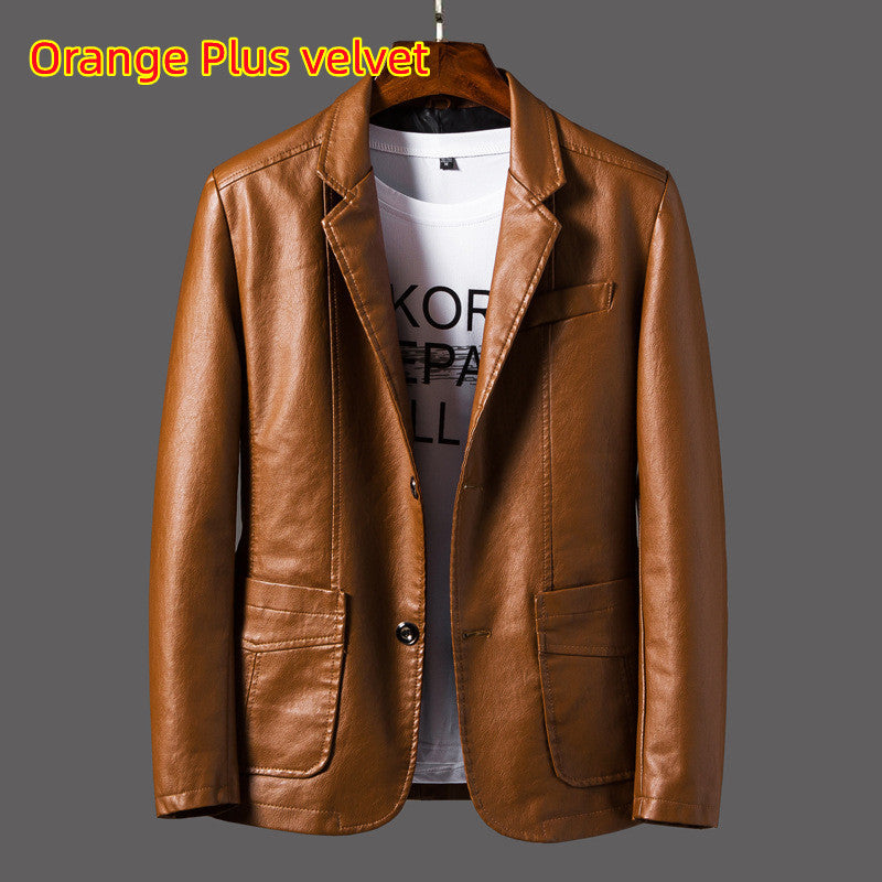 Men's Casual Notched Collar 2 Button Slim Moto Faux Leather Blazer Suit Jacket