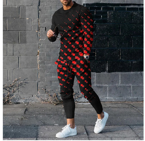 Mens Sweatsuit Round Neck Long Sleeve T-shirt Trousers Suit Men