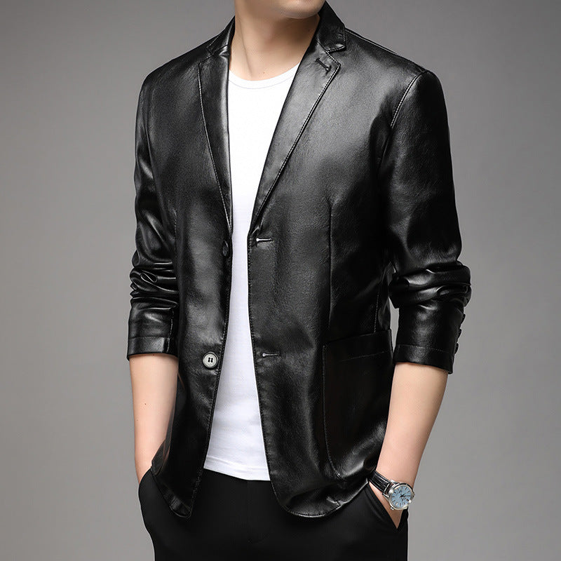 Men's casual Notched Collar 2 Button Slim Moto Faux Leather Blazer Jacket