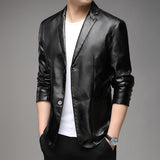 Men's casual Notched Collar 2 Button Slim Moto Faux Leather Blazer Jacket