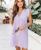 ladies Lace Dresses With Pocket Summer Sleeveless Jacquard Cutout V-Neck Beach Dress