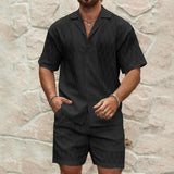 Men Summer Fashion Solid Loose Casual Two Pieces Lapel Button Shirt Shorts Beach Holiday