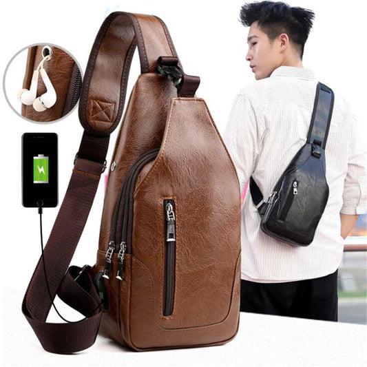 Leather Sling Bag Mens Crossbody Bag Chest Bag Sling Backpack for Men with USB Charge Port