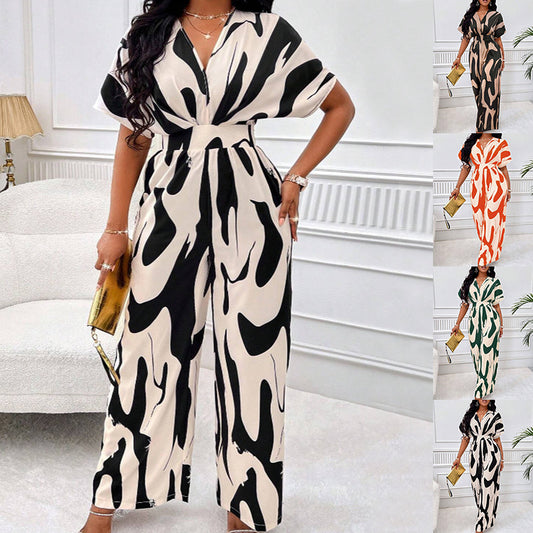 Womens Fashion V-neck Loose Printed Long Jumpsuit