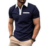 Mens Polo Shirt Lapel Fashion Slim Pocket Short-sleeved Oxford Tshirt