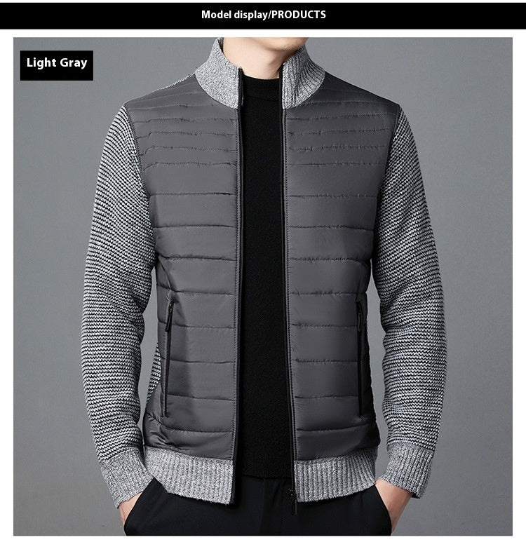 Men's Stand Collar Stitching Velvet Padded Sweater Knitwear Jacket
