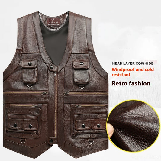 Men's  Cowhide Leather Vest Coat Sleeveless Classic Waistcoat, MotorBike Style