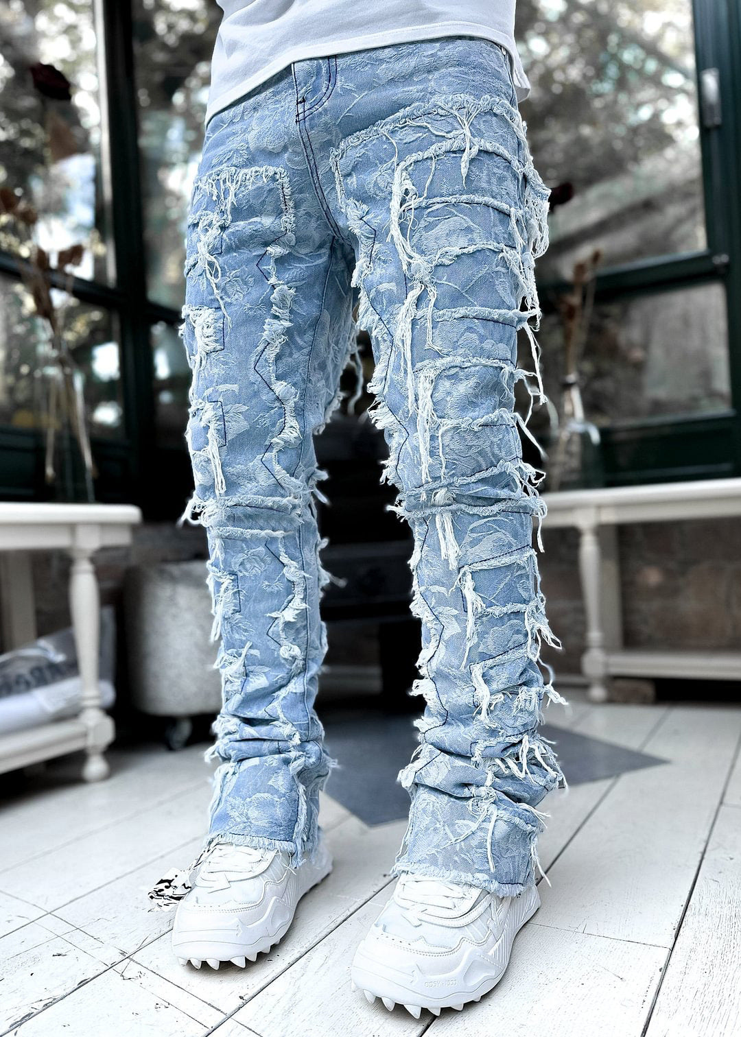 Men Patched Pants Long Tight Fit Stacked Jeans For Mens