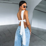 Women's Top Solid Lace Backless One Shoulder Hanging Neck Vest