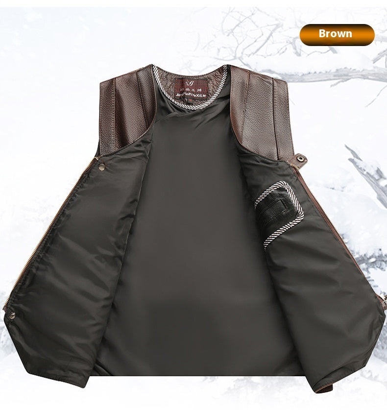 Men's  Cowhide Leather Vest Coat Sleeveless Classic Waistcoat, MotorBike Style