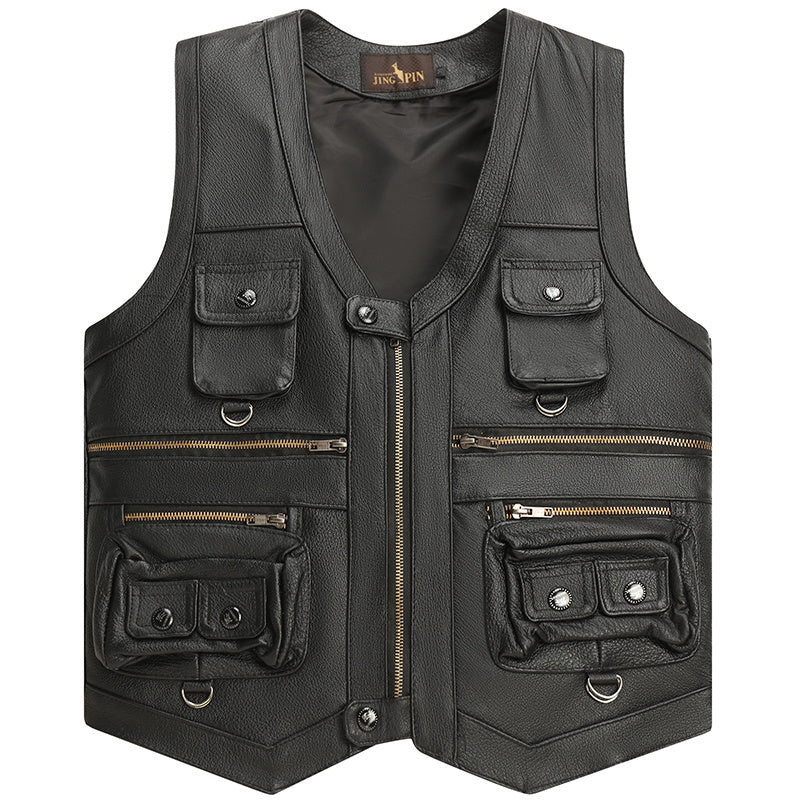 Men's  Cowhide Leather Vest Coat Sleeveless Classic Waistcoat, MotorBike Style
