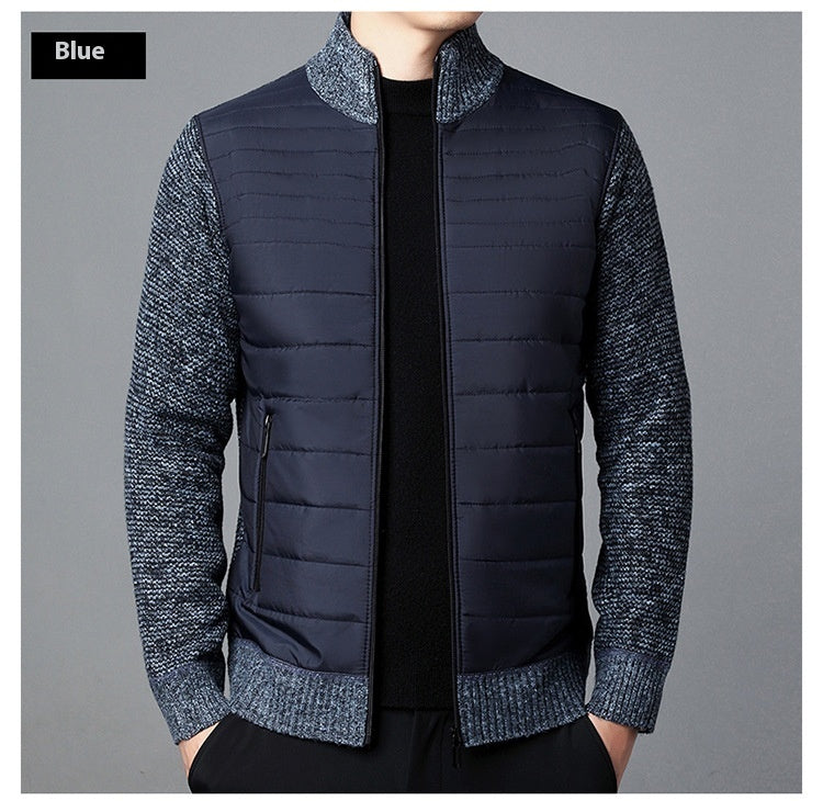 Men's Stand Collar Stitching Velvet Padded Sweater Knitwear Jacket