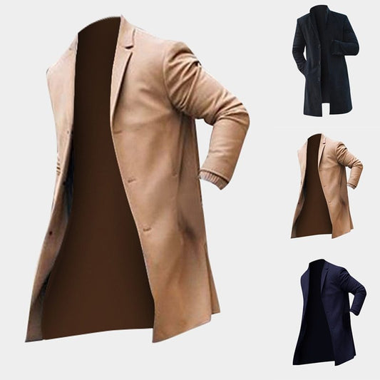 Mens Winter Trench Coats Outwear Overcoat Long Sleeve Button Up Khaki Black Coat jacket