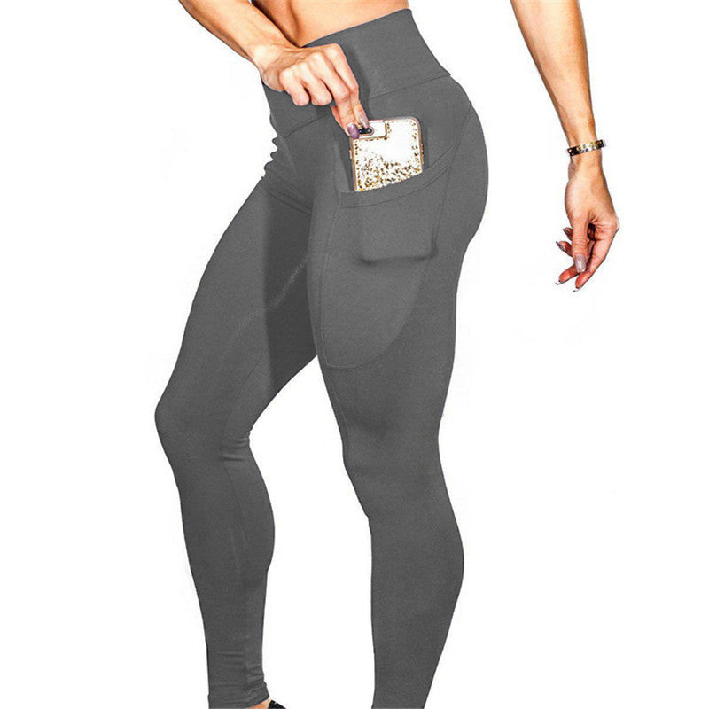 Women Mobile phone pocket leggings female solid color high elastic yoga hip high waist yoga pants
