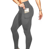 Women Mobile phone pocket leggings female solid color high elastic yoga hip high waist yoga pants