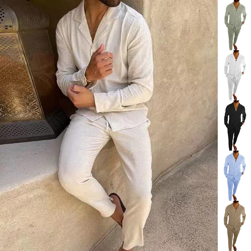 Mens Fashion Casual Long-sleeved Suits Fashion Lapel Single-breasted Shirt Top And Slim-fit Trousers Men Clothing