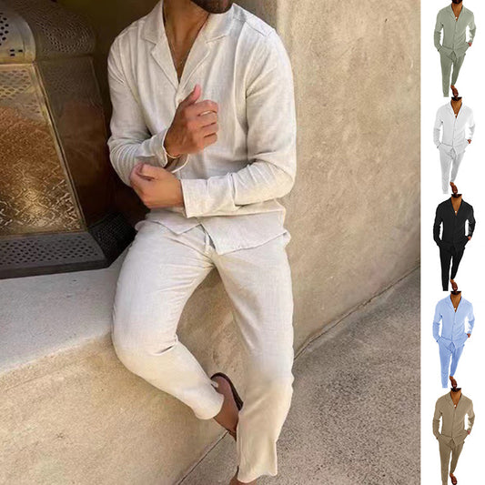 Mens Fashion Casual Long-sleeved Suits Fashion Lapel Single-breasted Shirt Top And Slim-fit Trousers Men Clothing