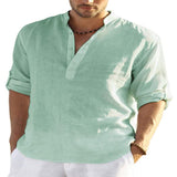 Men's Casual Baggy Cotton Linen Solid Long Sleeve Pocket Stand Collar Shirts Top