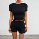 NEW Stylish Women Solid Color Round Neck Short Sleeve Casual Sport Short Outfits