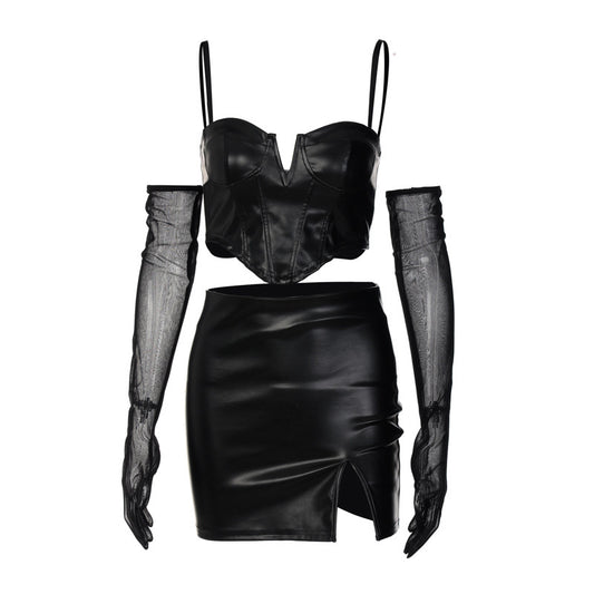 Women's Fashion PU Leather Sling Tube Top Vest Package Hip Short Skirt Set