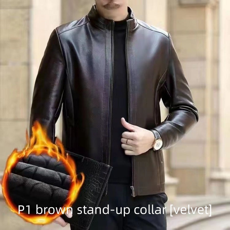 Mens Leather Jacket Stand Collar Men Fleece-lined