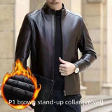 Mens Leather Jacket Stand Collar Men Fleece-lined