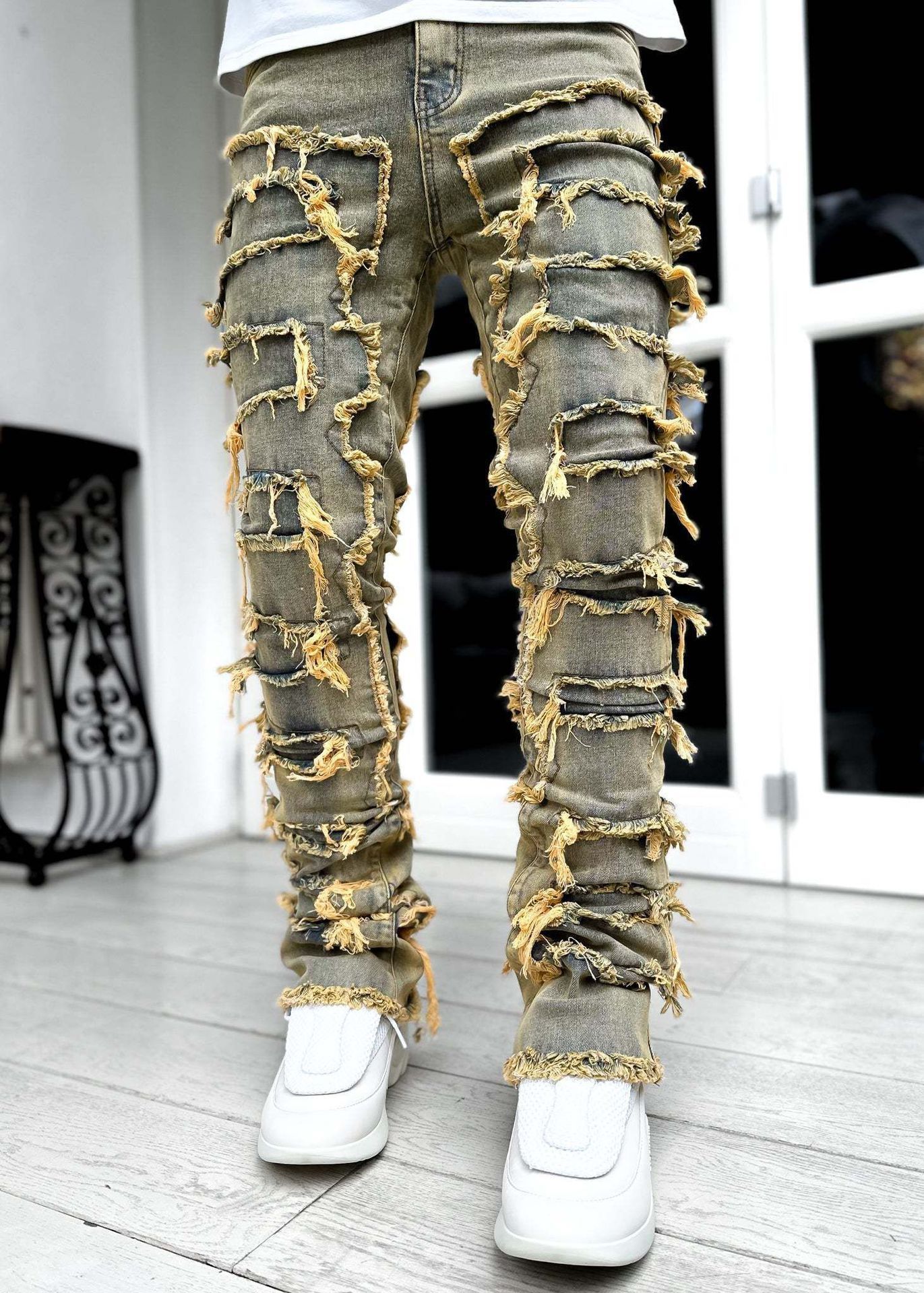 Men Patched Pants Long Tight Fit Stacked Jeans For Mens