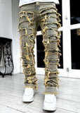 Men Patched Pants Long Tight Fit Stacked Jeans For Mens