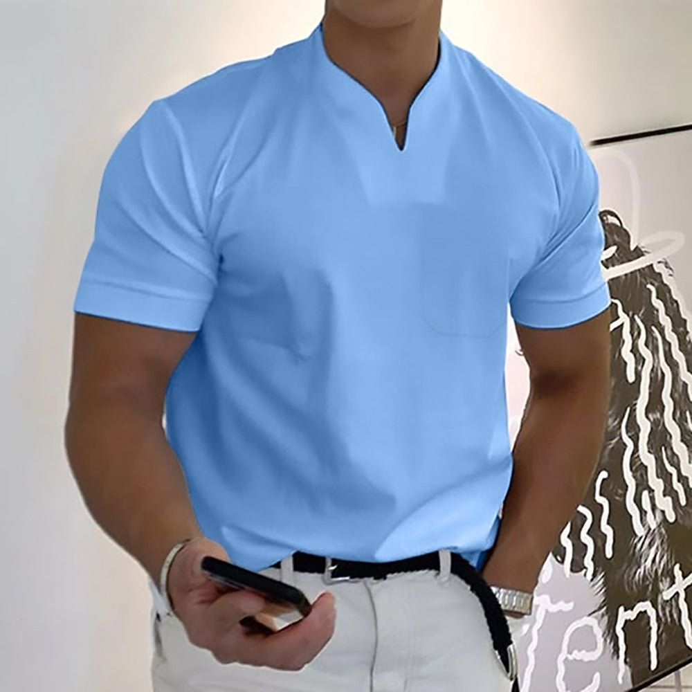 Mens Summer Short Sleeve Shirt Men Fitness Plus Size Sports T-Shirt Elastic Cotton Pocket