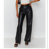 Women's Leather High Waist  Straight Leg Jeans Look Pants
