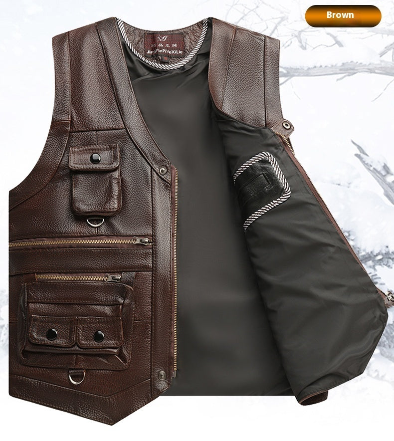 Men's  Cowhide Leather Vest Coat Sleeveless Classic Waistcoat, MotorBike Style