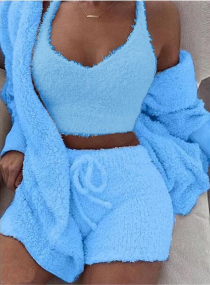 Womens Clothing 3 pcs Long Sleeve Crop Tank Top And Drawstring Shorts Pajama Set