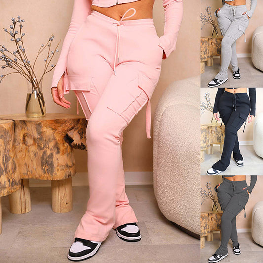Womens Cargo Pants With 6 Pockets High Waist Drawstring Wide Leg Straight Trousers