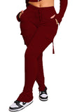 Womens Cargo Pants With 6 Pockets High Waist Drawstring Wide Leg Straight Trousers
