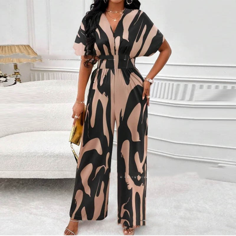 Womens Fashion V-neck Loose Printed Long Jumpsuit