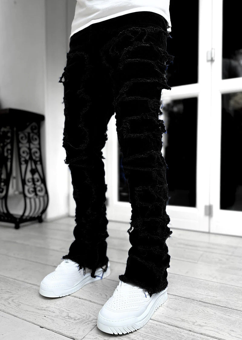 Men Patched Pants Long Tight Fit Stacked Jeans For Mens