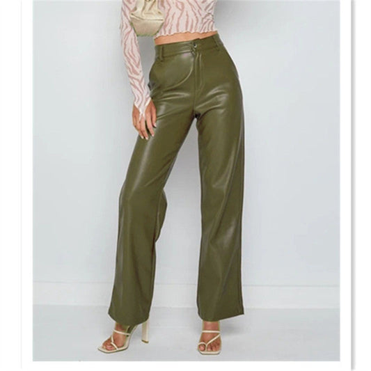 Women's Leather High Waist  Straight Leg Jeans Look Pants