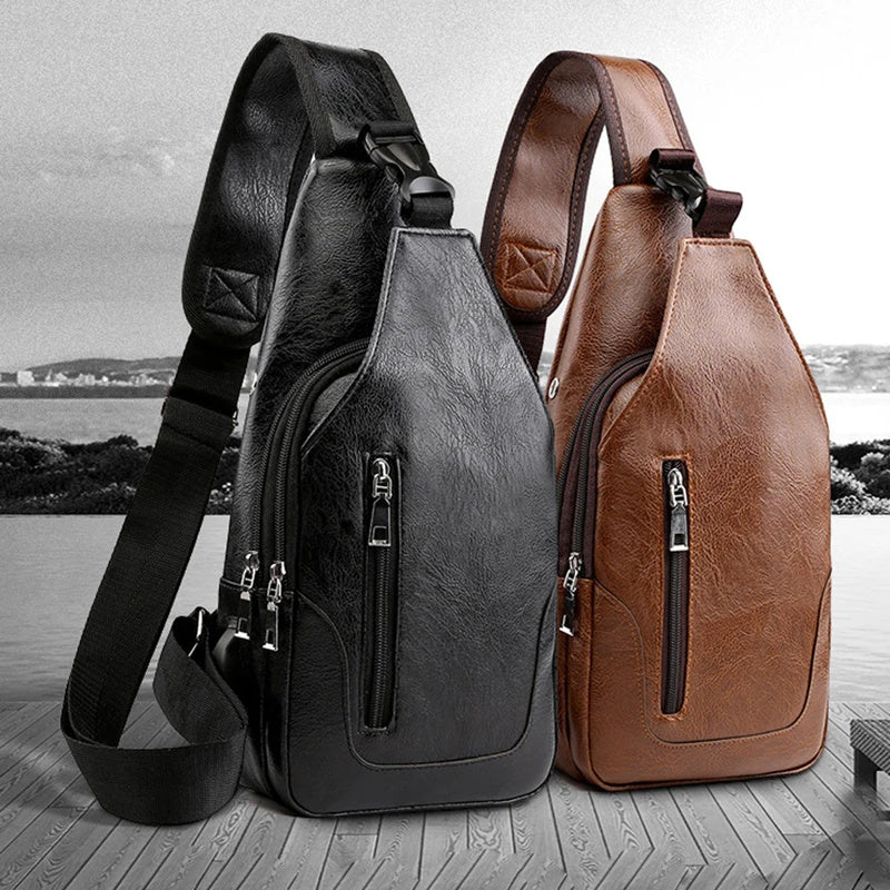 Leather Sling Bag Mens Crossbody Bag Chest Bag Sling Backpack for Men with USB Charge Port