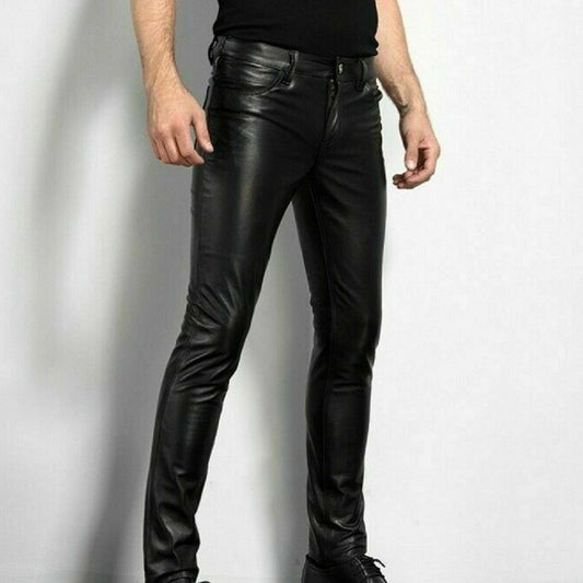 Mens Slim Fit Stretch Fashion Casual Faux Leather Pants