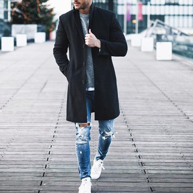 Mens Winter Trench Coats Outwear Overcoat Long Sleeve Button Up Khaki Black Coat jacket