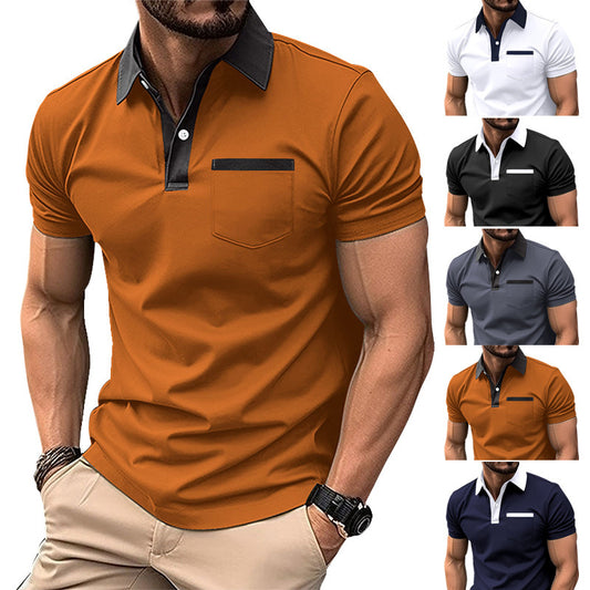 Mens Polo Shirt Lapel Fashion Slim Pocket Short-sleeved Oxford Tshirt