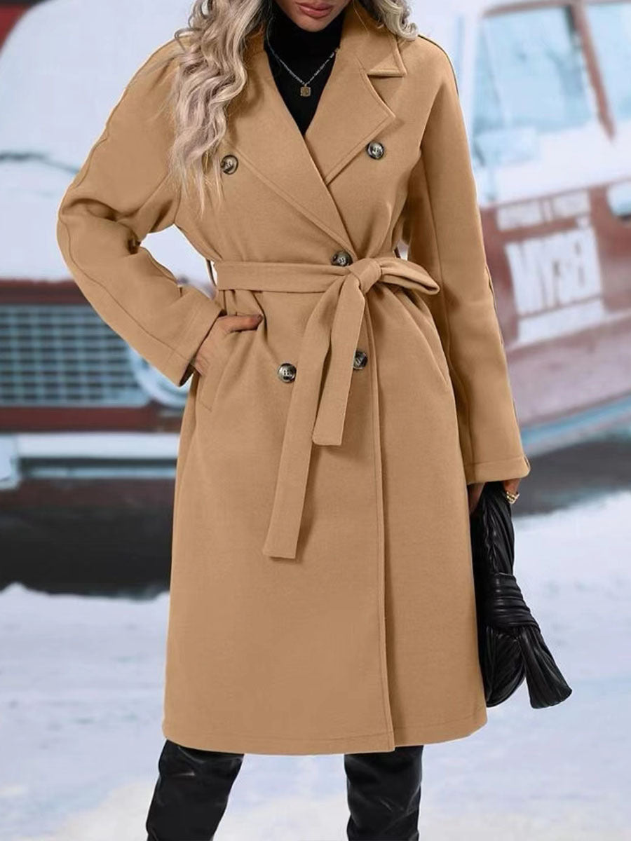 Womens British Style Double Breasted Lapel Collar Belt Trench Outwear Overcoat